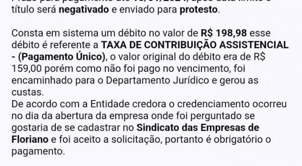 SICOMFLOR alerta empresas de Floriano sobre golpe de cobrança falsa da Contribuição Assistencial