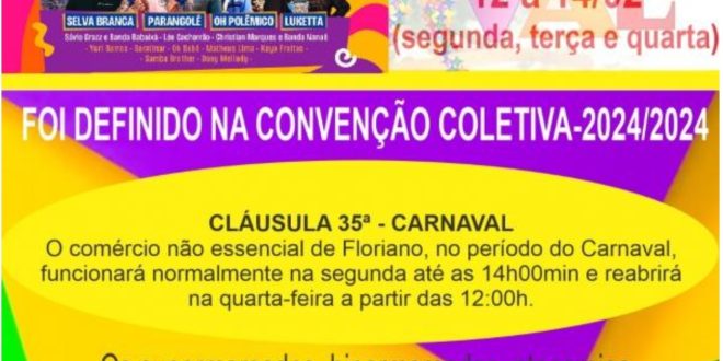 SICOMFLOR informa funcionamento especial do comércio de Floriano no Carnaval 2024